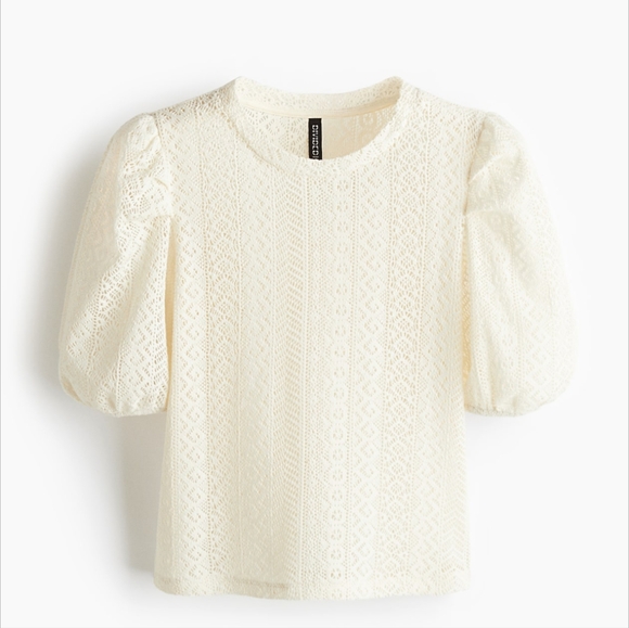 H&M Top Knit Puff Sleeves NWT Lace Size L Boho - Picture 1 of 3